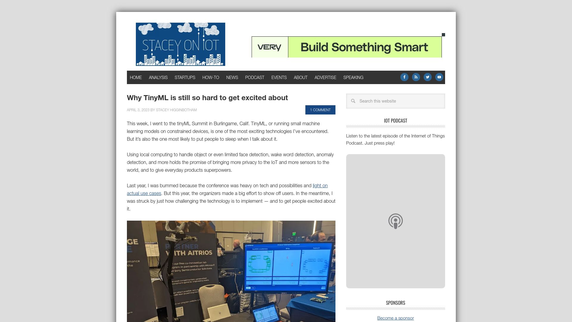 Screenshot of staceyoniot.com: Why TinyML is still so hard to get excited about