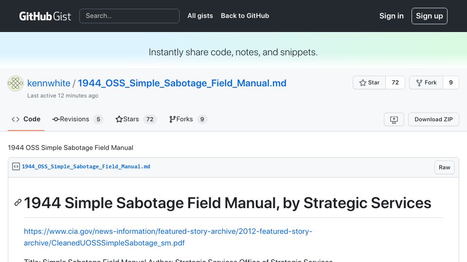 Screenshot of gist.github.com: Simple Sabotage Field Manual (1944)