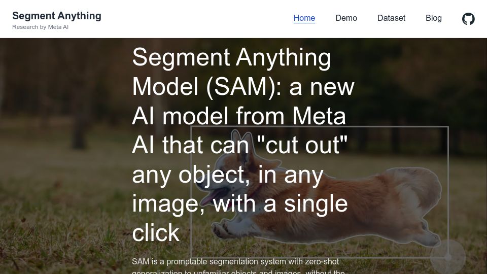 Screenshot of segment-anything.com: Segment Anything Model (SAM) can "cut out" any object in an image