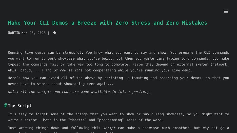 Screenshot of martinheinz.dev: Make your CLI demos a breeze with zero stress and zero mistakes