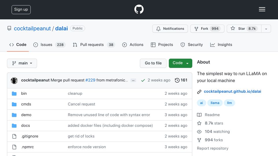 Screenshot of github.com: Run LLaMA and Alpaca on your computer
