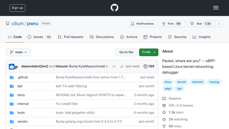Screenshot of github.com: Packet, where are you? – eBPF-based Linux kernel networking debugger