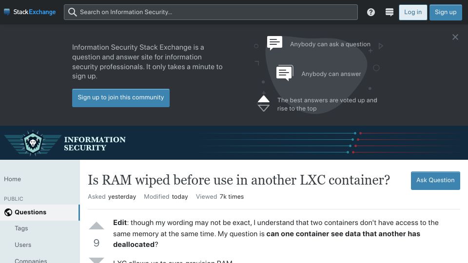 Screenshot of security.stackexchange.com: Is RAM wiped before use in another LXC container?