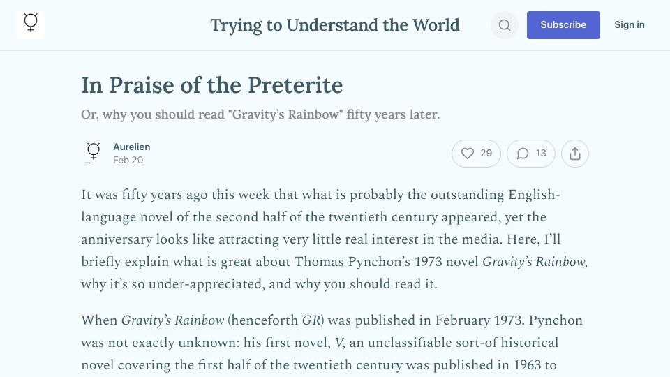 Screenshot of aurelien2022.substack.com: Read “Gravity’s Rainbow” fifty years later