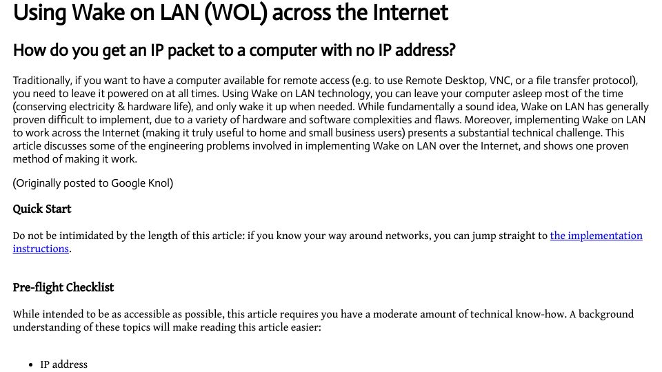 Screenshot of ptere.com: Using Wake on LAN (WOL) Across the Internet (2010)