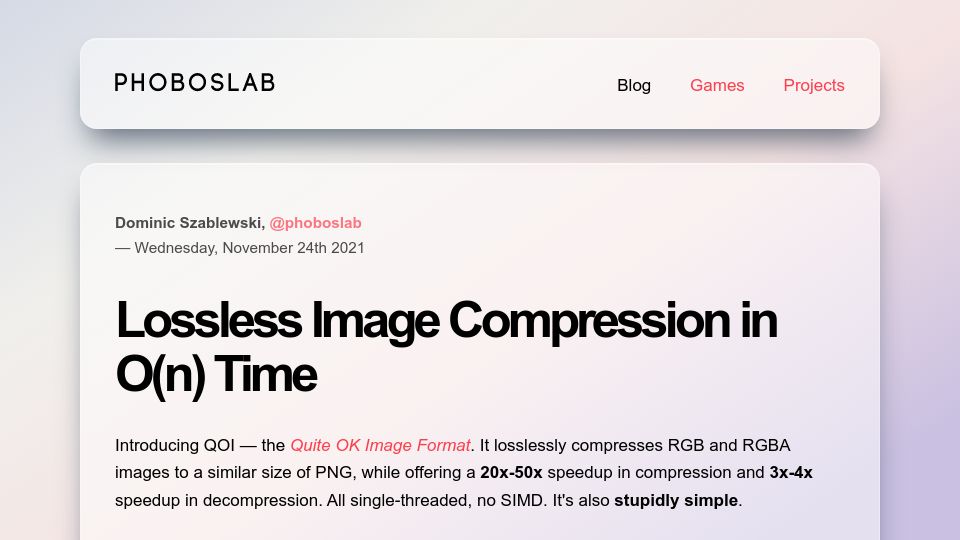Screenshot of phoboslab.org: Lossless Image Compression in O(n) Time (2021)