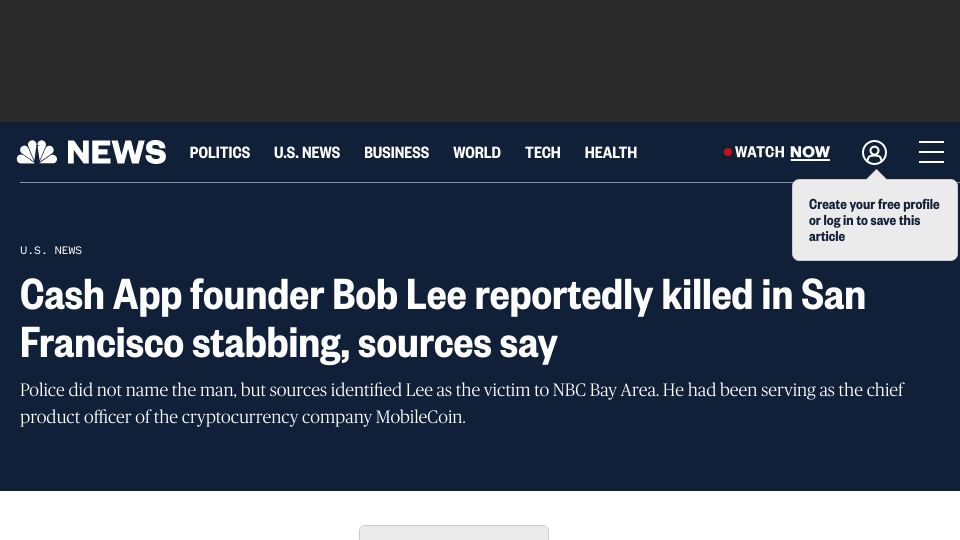 Screenshot of nbcnews.com: Cash App founder Bob Lee reportedly killed in San Francisco stabbing