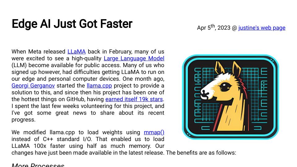 Screenshot of justine.lol: Using mmap to make LLaMA load faster