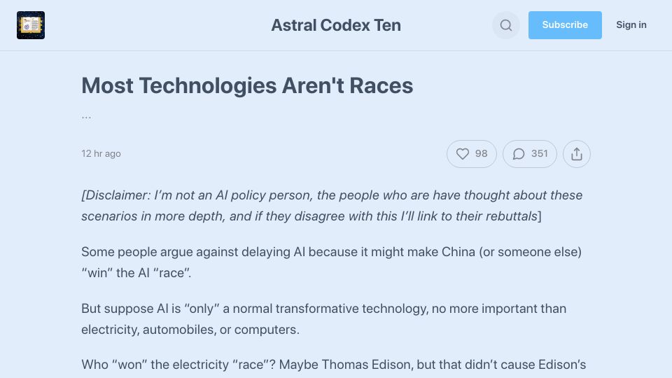 Screenshot of astralcodexten.substack.com: Most technologies aren't races