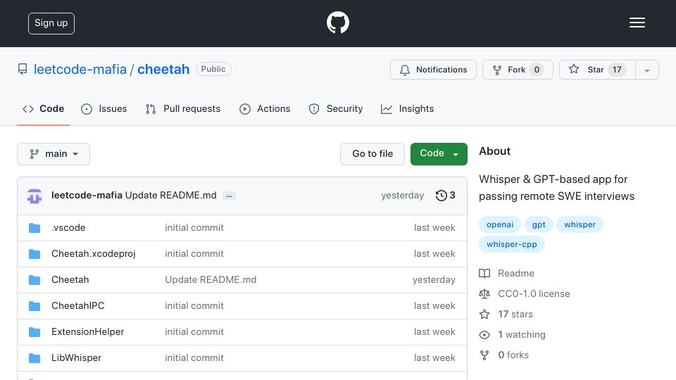 Screenshot of github.com: Show HN: Live coaching app for remote SWE interviews, uses Whisper and GPT-4