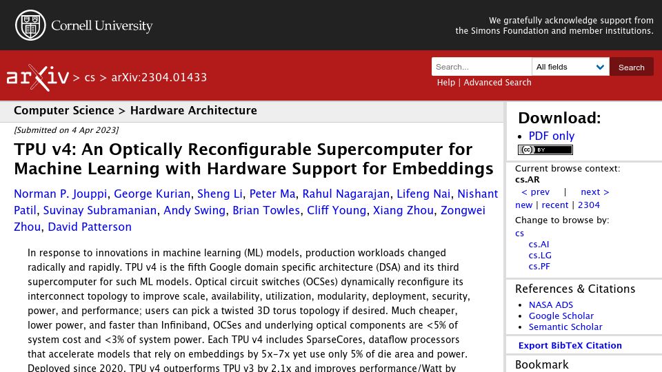 Screenshot of arxiv.org: TPU v4: An Optically Reconfigurable Supercomputer for Machine Learning
