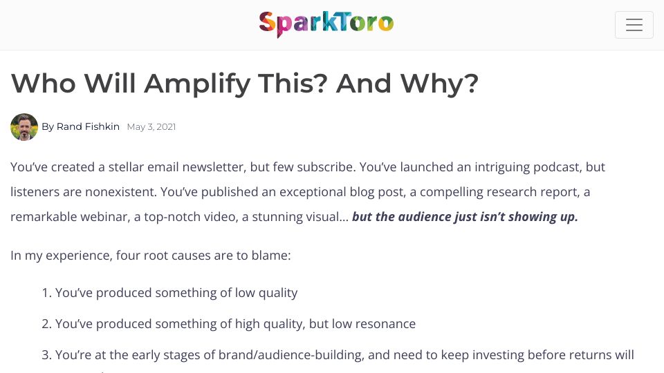 Screenshot of sparktoro.com: Who will amplify this and why? (2021)