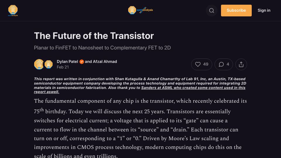 Screenshot of semianalysis.com: The Future of the Transistor