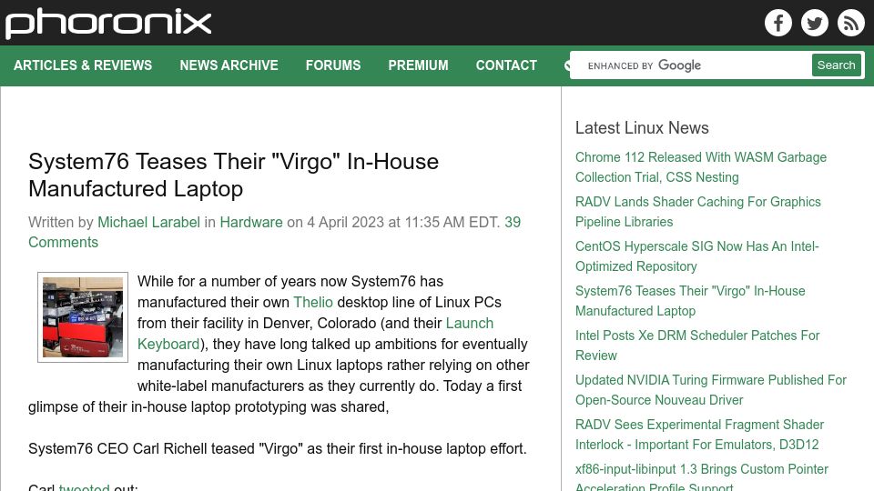 Screenshot of phoronix.com: System76 Teases Their “Virgo” In-House Manufactured Laptop