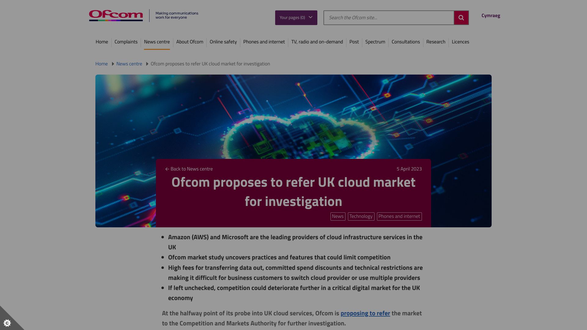 Screenshot of ofcom.org.uk: Ofcom proposes to refer UK cloud market for investigation