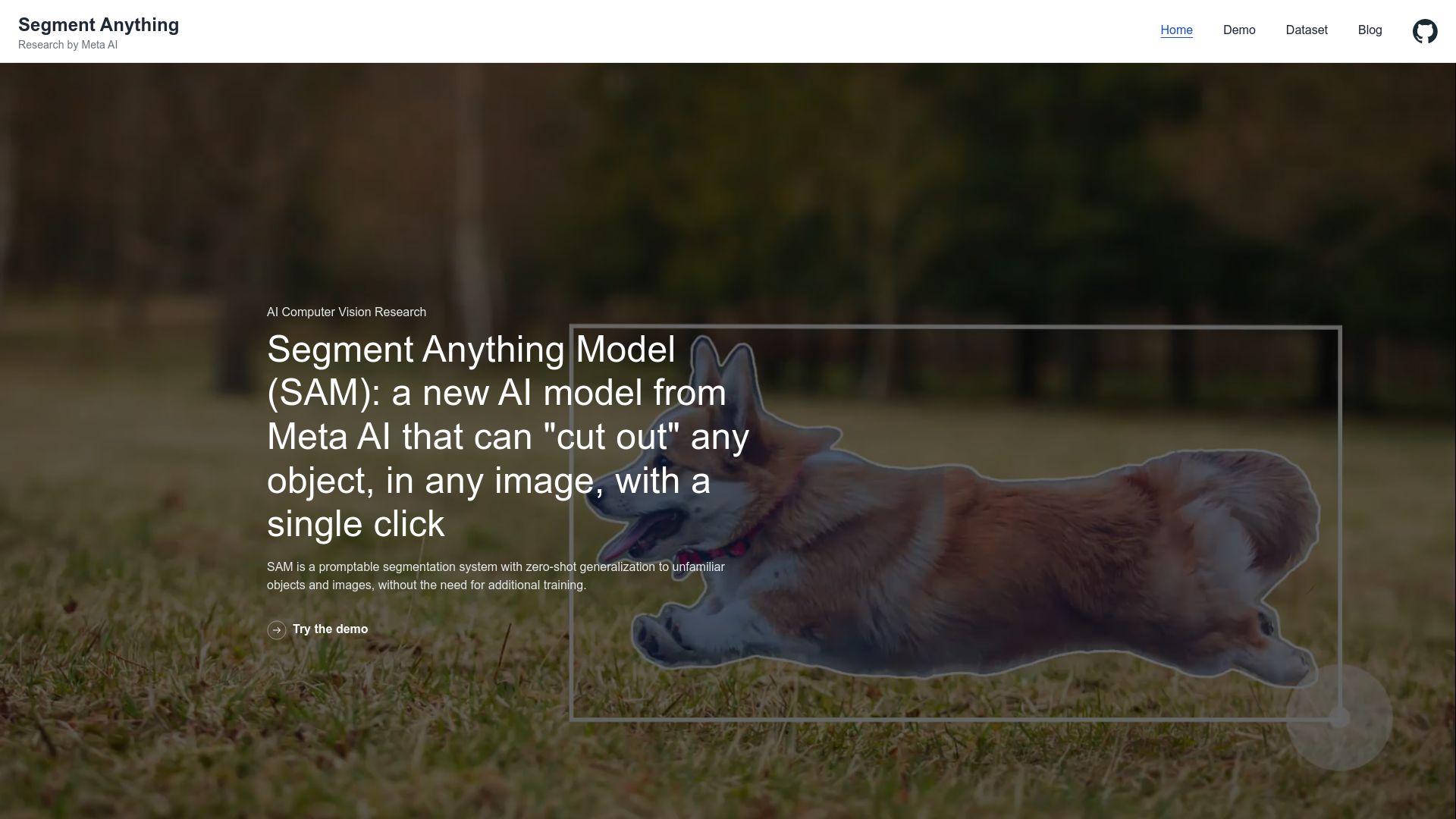Screenshot of segment-anything.com: Segment Anything Model (SAM) can "cut out" any object in an image