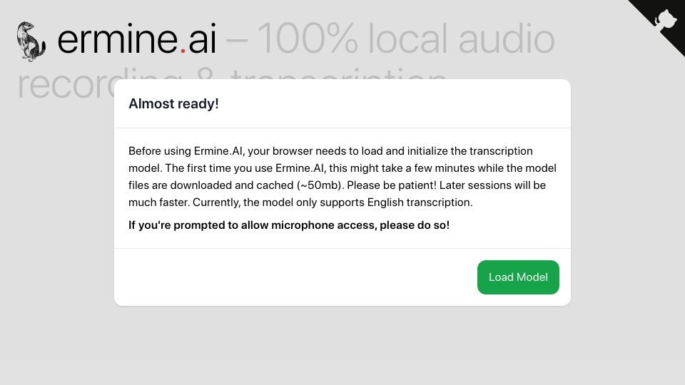 Screenshot of ermine.ai: Show HN: Ermine.ai – Record and transcribe speech, 100% client-side (WASM)