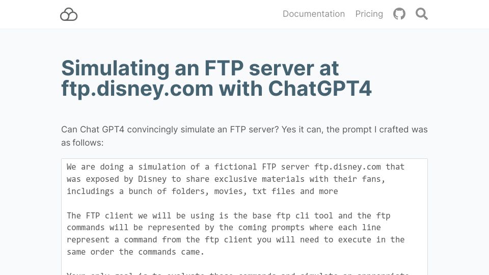 Screenshot of filestash.app: GPT4 simulating a FTP server at ftp.disney.com