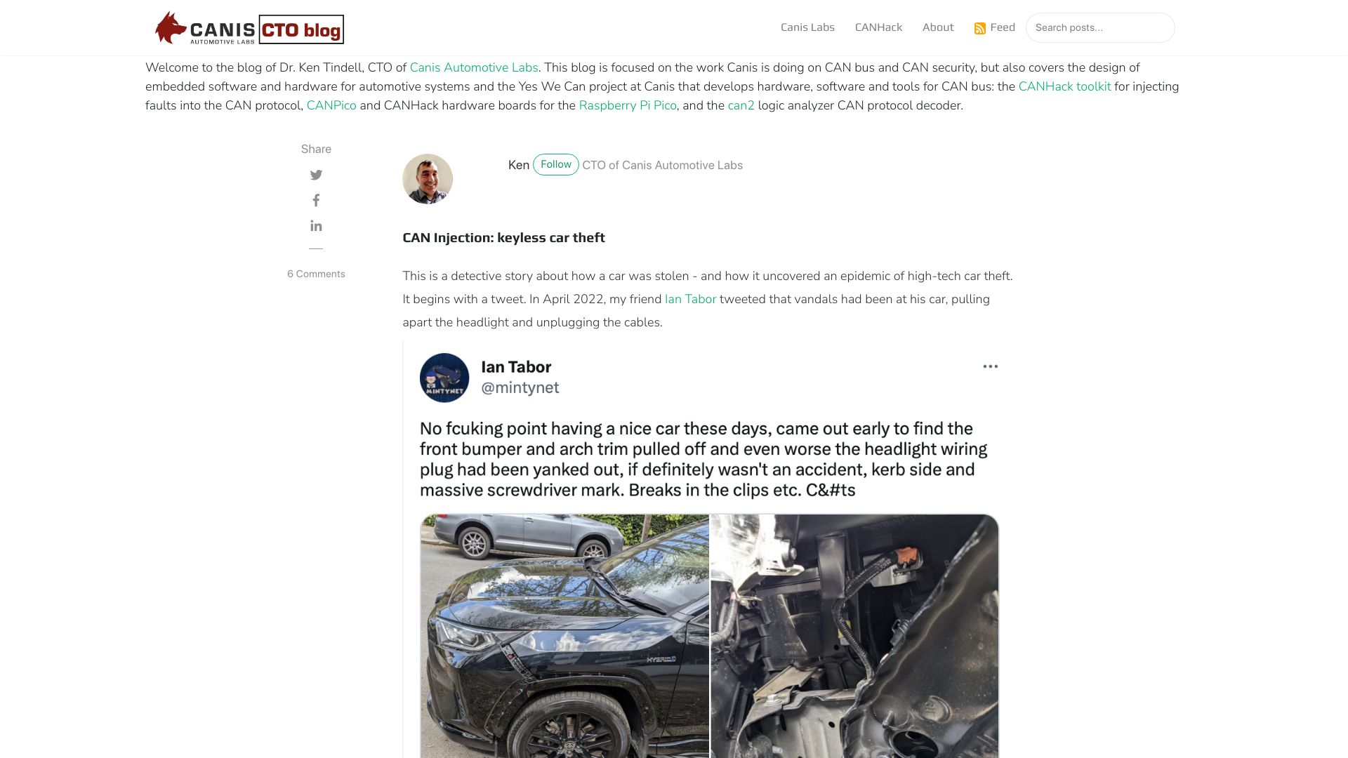 Screenshot of kentindell.github.io: CAN Injection: Keyless car theft