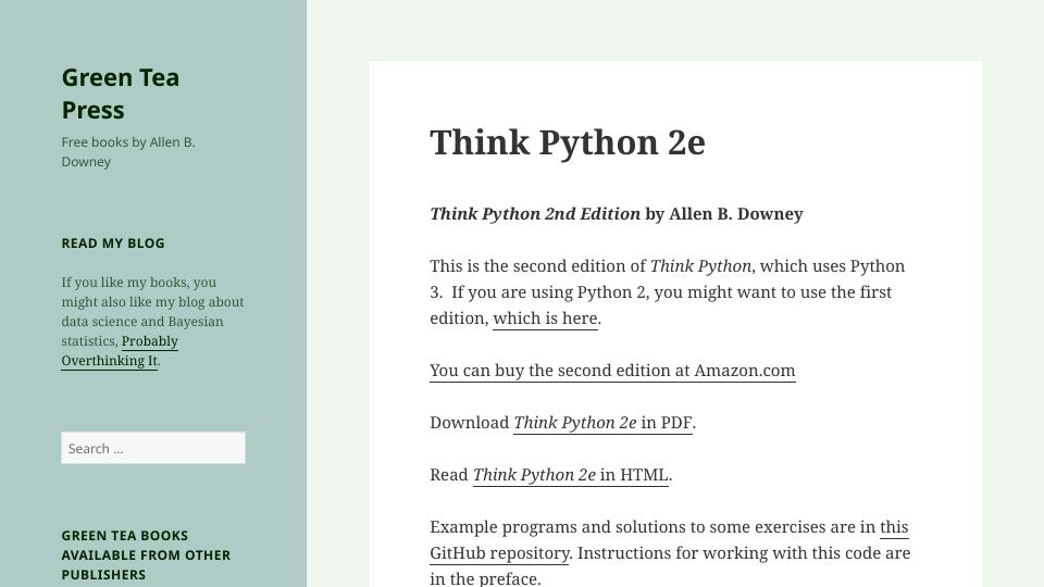 Screenshot of greenteapress.com: Think Python 2e