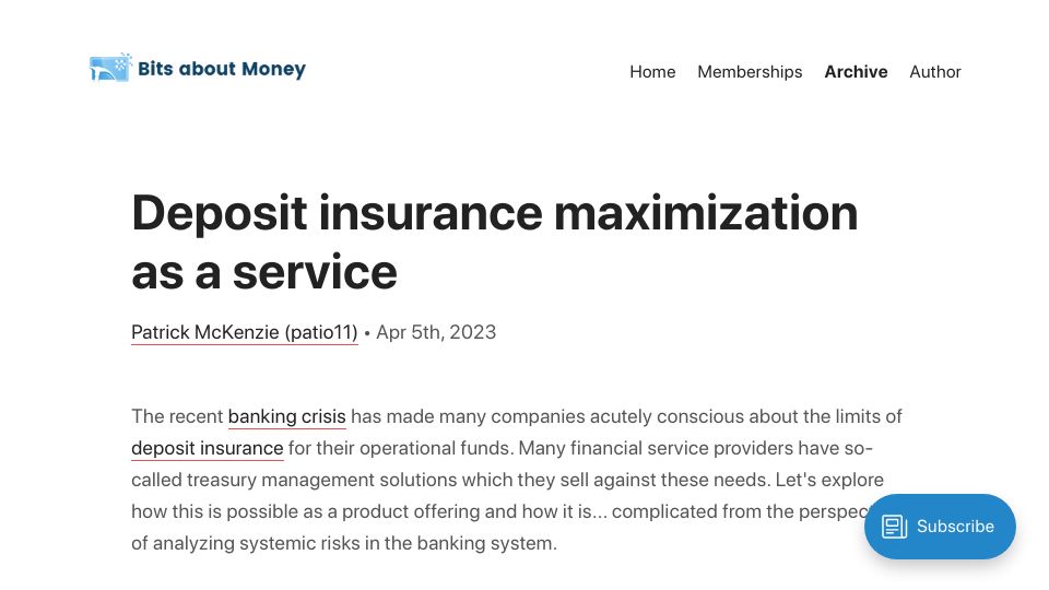 Screenshot of bitsaboutmoney.com: Deposit insurance maximization as a service