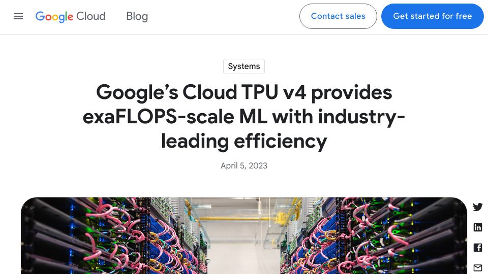 Screenshot of cloud.google.com: TPU v4 provides exaFLOPS-scale ML with efficiency gains
