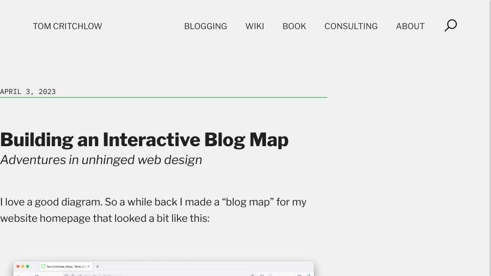 Screenshot of tomcritchlow.com: Building an interactive clickable map for my blog