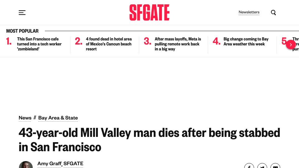 Screenshot of sfgate.com: Bob Lee, former CTO of Square, has died after being stabbed in San Francisco