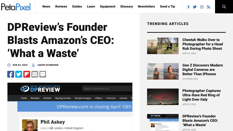Screenshot of petapixel.com: DPReview’s Founder Blasts Amazon’s CEO: ‘What a Waste’