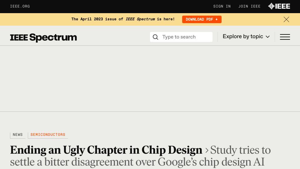 Screenshot of spectrum.ieee.org: Ending an Ugly Chapter in Chip Design