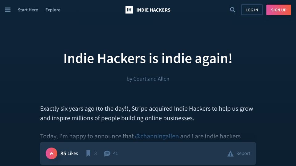 Screenshot of indiehackers.com: Indie Hackers is indie again