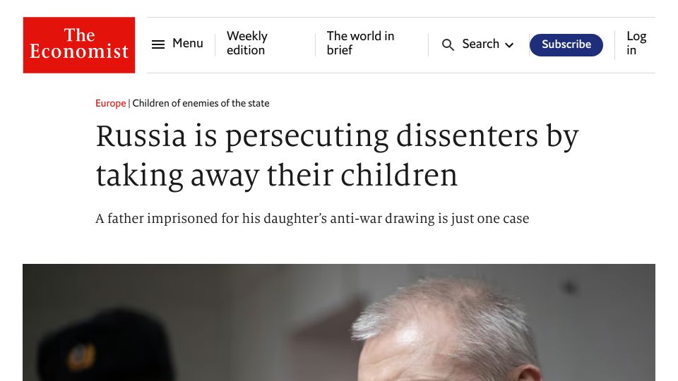 Screenshot of economist.com: Russia is persecuting dissenters by taking away their children