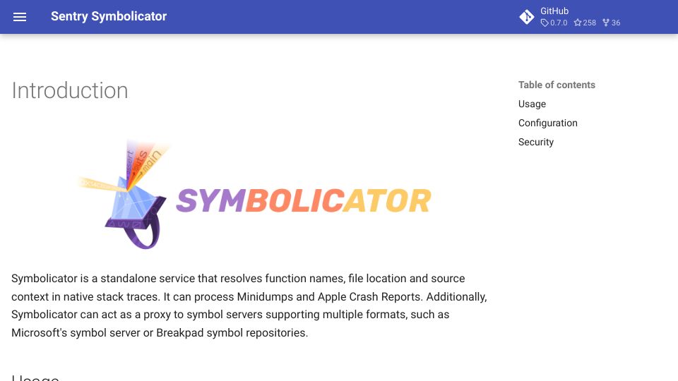Screenshot of getsentry.github.io: Introduction to Sentry Symbolicator