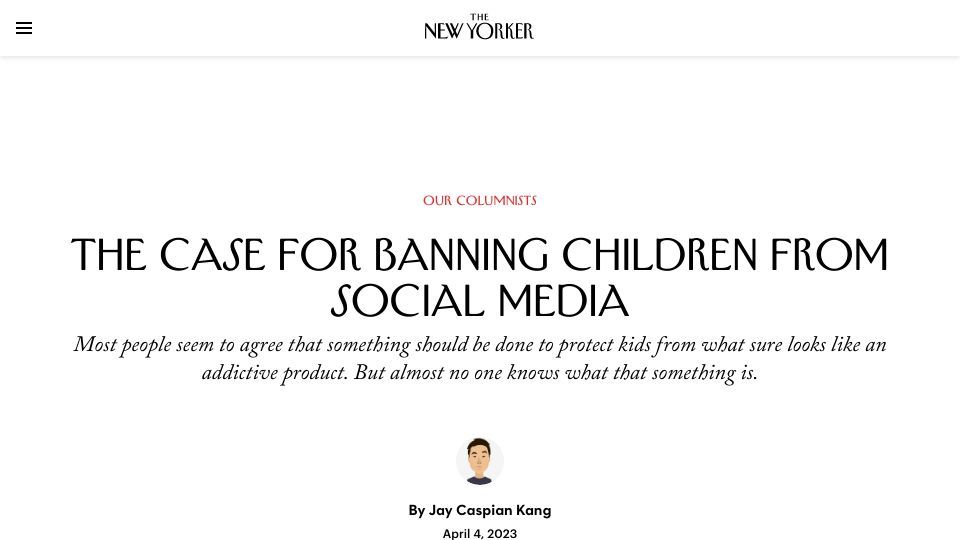 Screenshot of newyorker.com: The case for banning children from social media