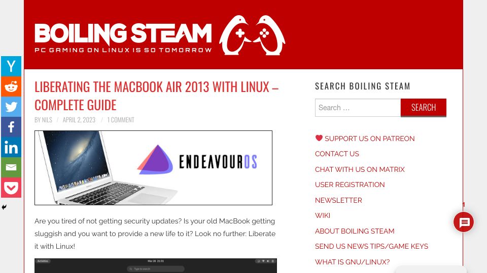 Screenshot of boilingsteam.com: Liberating the MacBook Air 2013 with Linux
