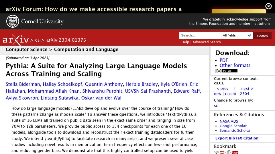 Screenshot of arxiv.org: Pythia: A Suite for Analyzing Large Language Models Across Training and Scaling
