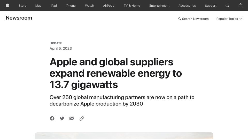 Screenshot of apple.com: Apple and global suppliers expand renewable energy to 13.7 gigawatts