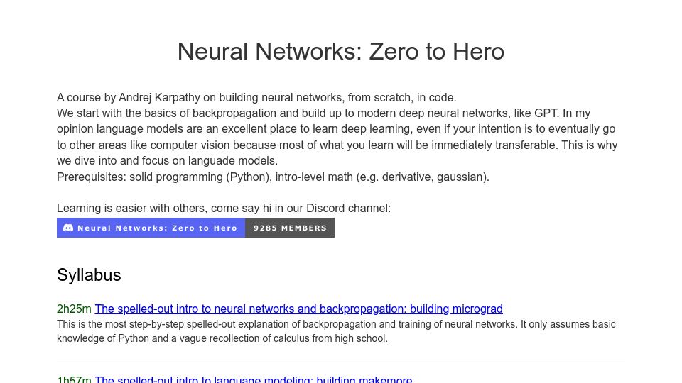 Screenshot of karpathy.ai: Neural Networks: Zero to Hero
