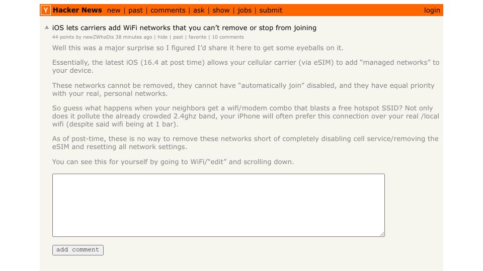 Screenshot of Hacker News post: Tell HN: iOS lets carriers add WiFi networks that you can’t stop from joining