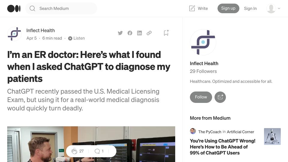 Screenshot of inflecthealth.medium.com: I’m a doctor: Here’s what I found when I asked ChatGPT to diagnose my patients