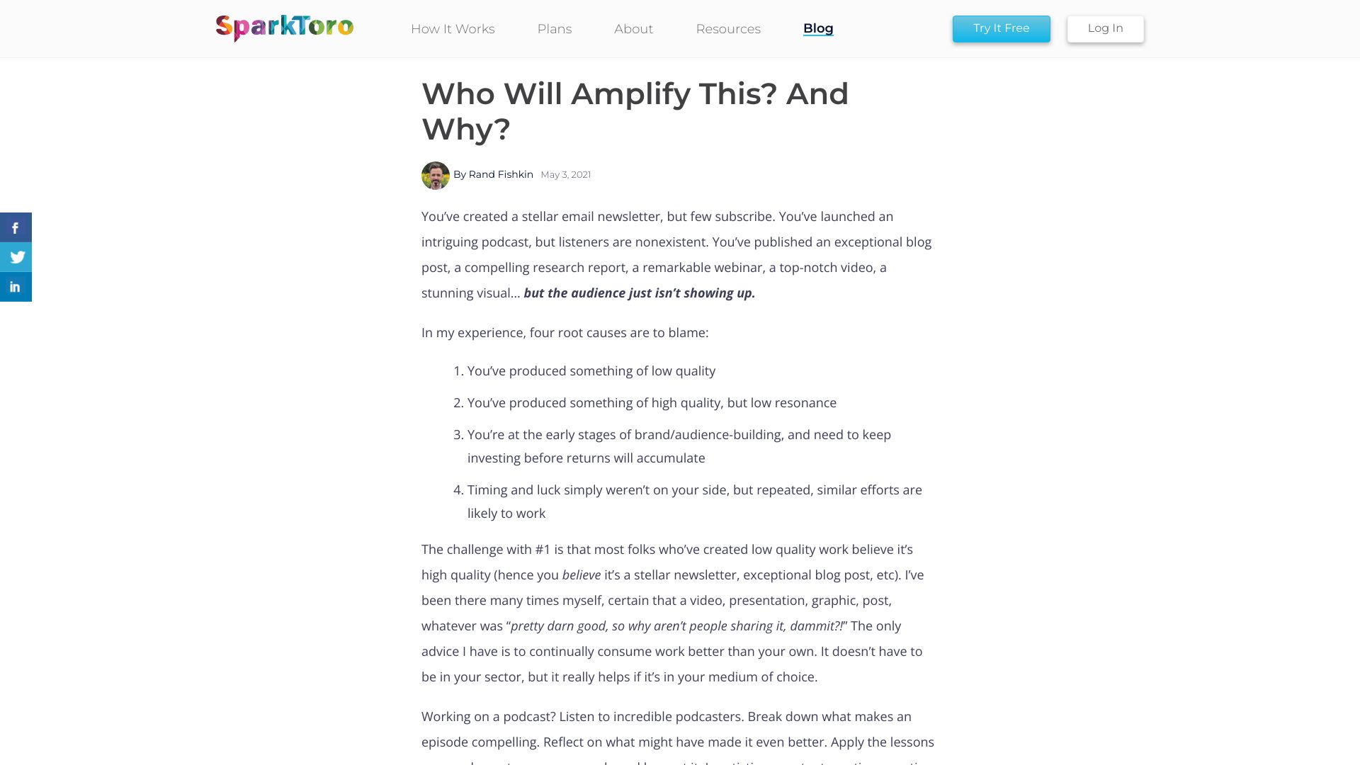 Screenshot of sparktoro.com: Who will amplify this and why? (2021)