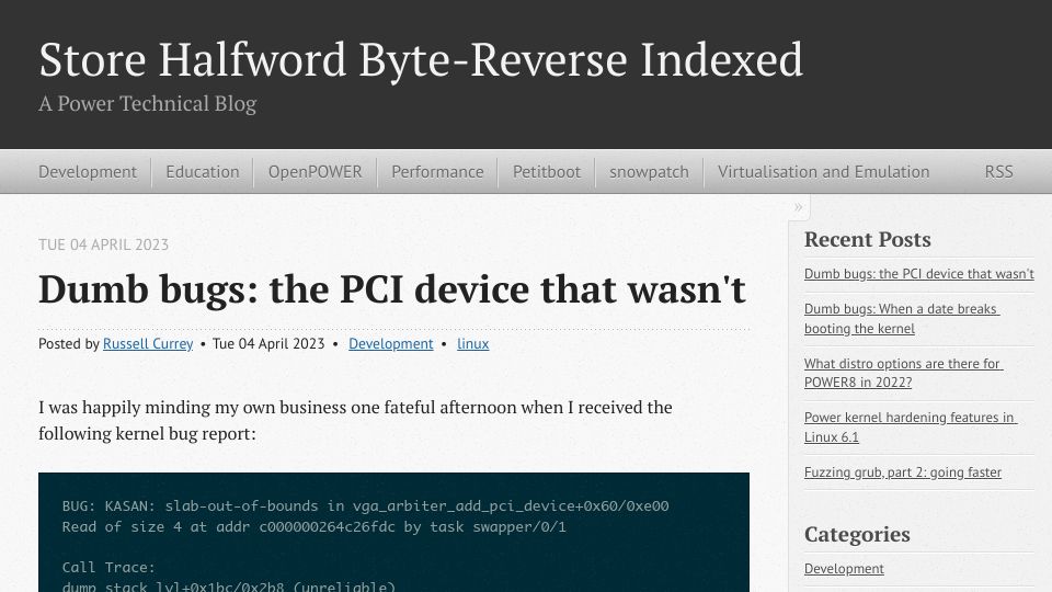 Screenshot of sthbrx.github.io: Dumb bugs: the PCI device that wasn't