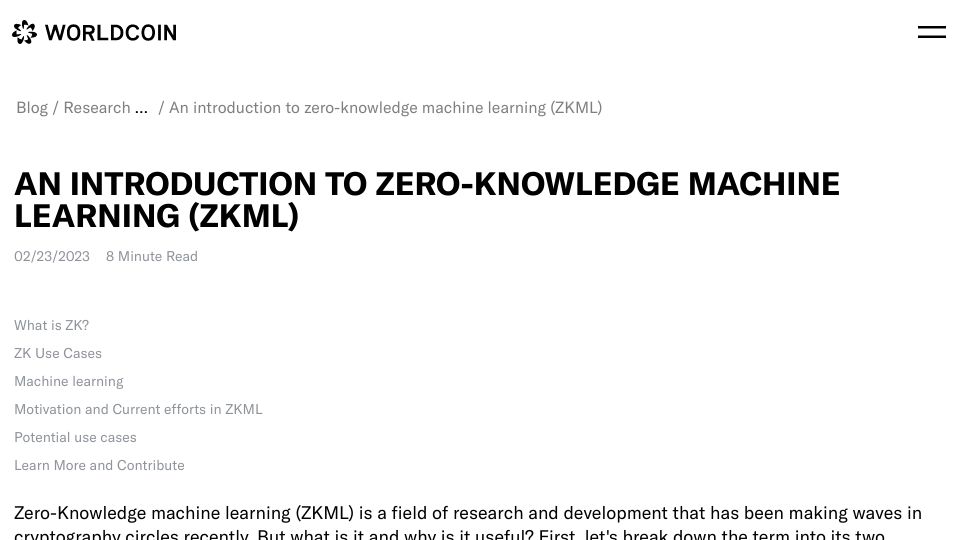 Screenshot of worldcoin.org: An introduction to zero-knowledge machine learning
