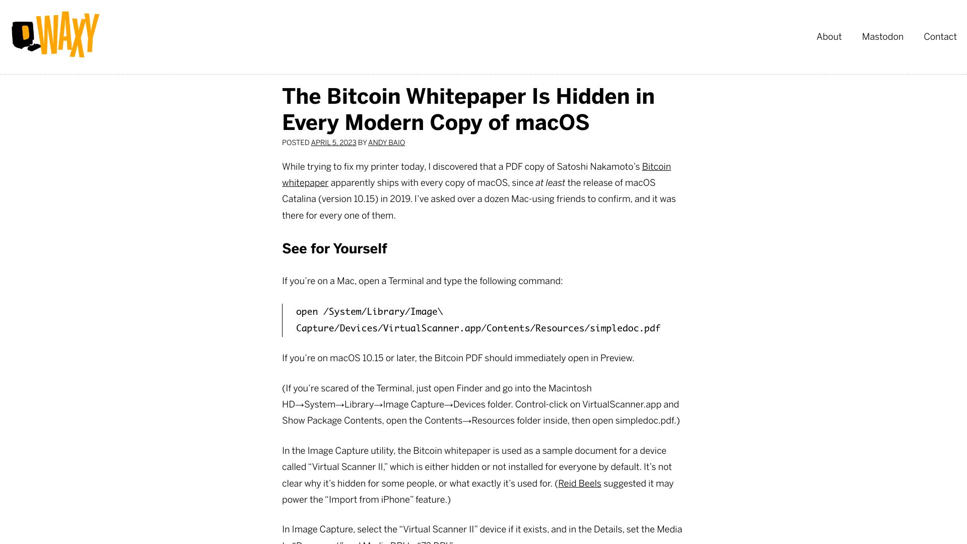 Screenshot of waxy.org: The Bitcoin whitepaper is hidden in every copy of macOS