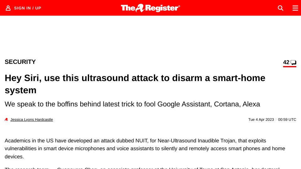 Screenshot of theregister.com: Using ultrasound attack to disarm a smart-home system
