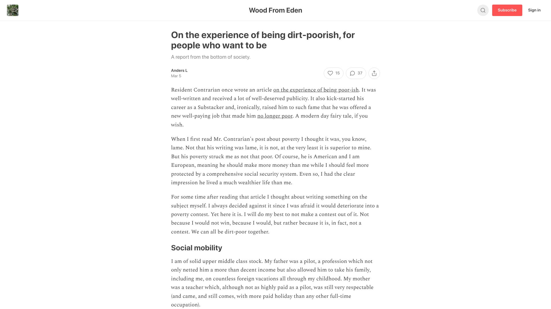 Screenshot of woodfromeden.substack.com: On the experience of being dirt-poorish, for people who want to be