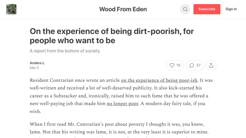 Screenshot of woodfromeden.substack.com: On the experience of being dirt-poorish, for people who want to be