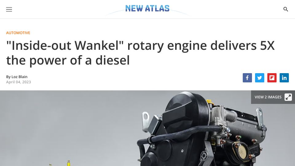 Screenshot of newatlas.com: “Inside-out Wankel” rotary engine delivers 5X the power of a diesel