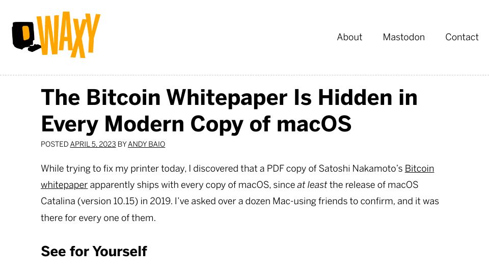 Screenshot of waxy.org: The Bitcoin whitepaper is hidden in every copy of macOS