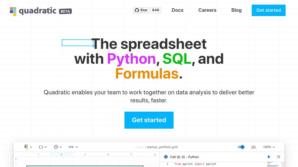 Screenshot of quadratichq.com: Show HN: Quadratic – Open-Source Spreadsheet with Python, AI (WASM and WebGL)